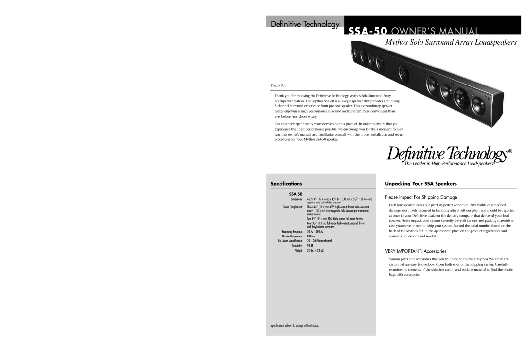 Definitive Technology SSA-50 specifications Specifications, Unpacking Your SSA Speakers, Very Important Accessories 