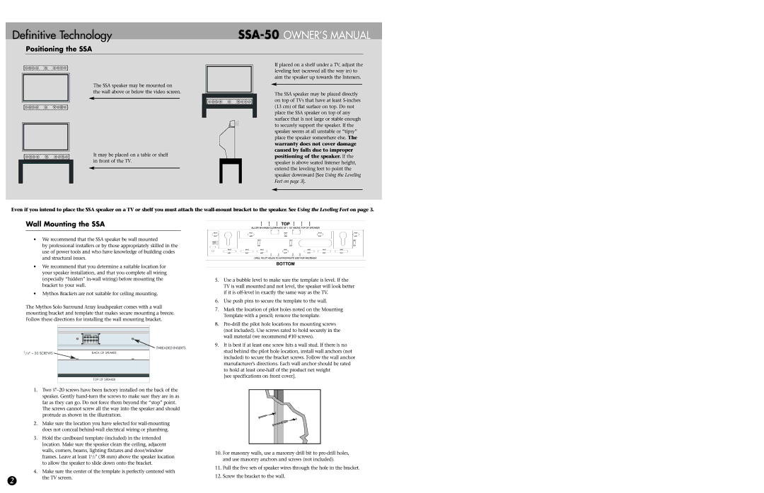 Definitive Technology SSA-50 specifications Positioning the SSA, Wall Mounting the SSA 