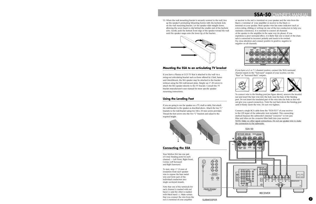 Definitive Technology SSA-50 specifications Connecting the SSA 