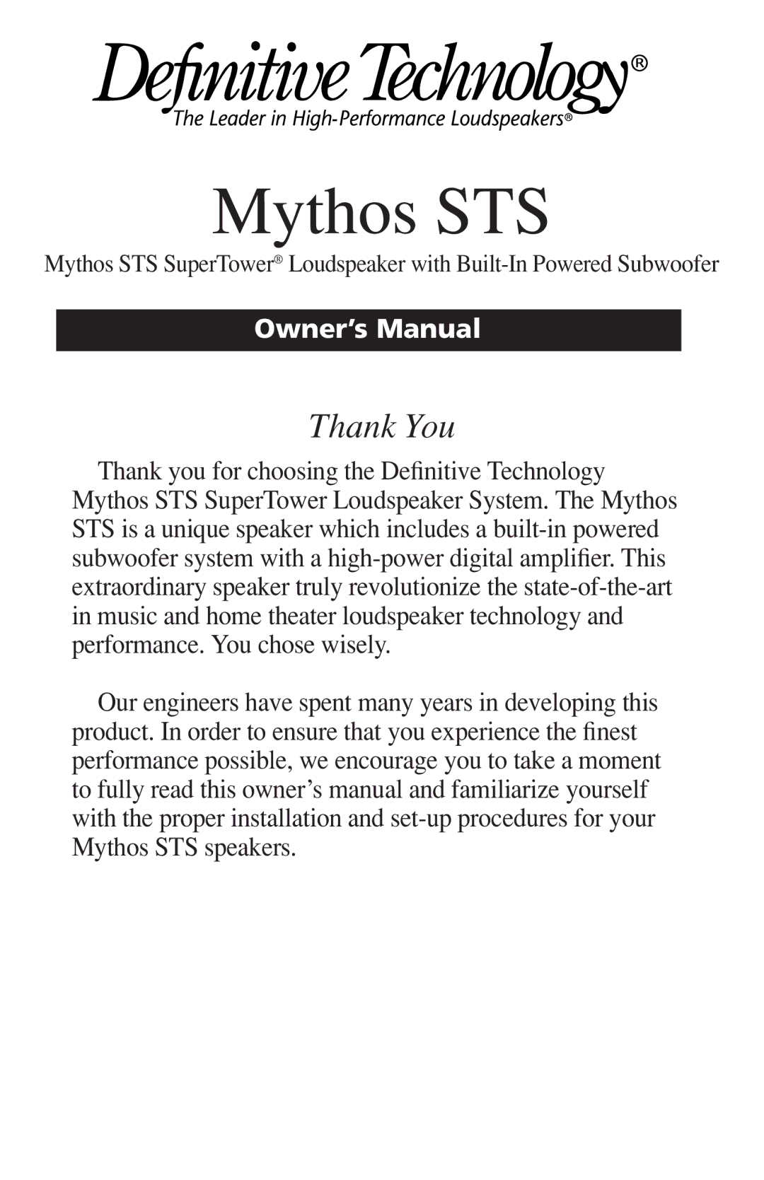 Definitive Technology VEIB, Mythos STS SuperTower Loudspeaker with Built-In Powered Subwoofer owner manual 