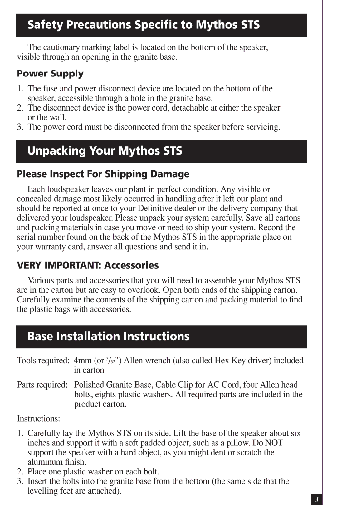 Definitive Technology Safety Precautions Speciﬁc to Mythos STS, Unpacking Your Mythos STS, Very Important Accessories 