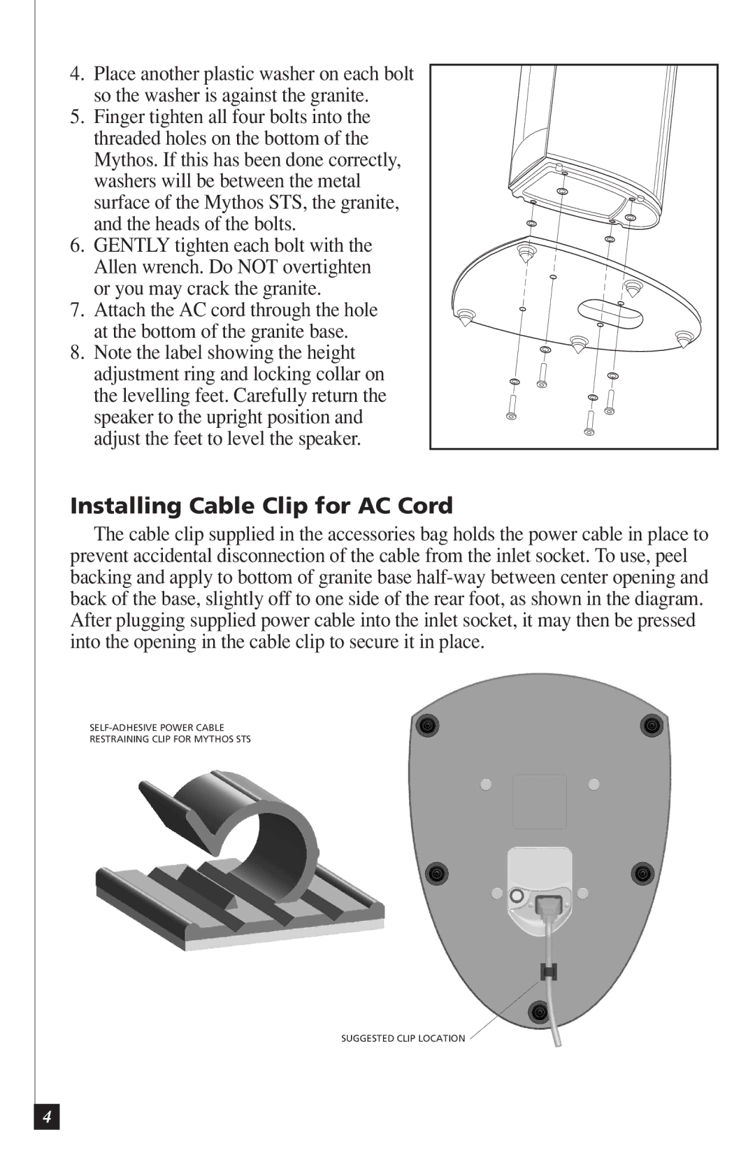 Definitive Technology VEIB, STS owner manual Installing Cable Clip for AC Cord, Finger tighten all four bolts into 