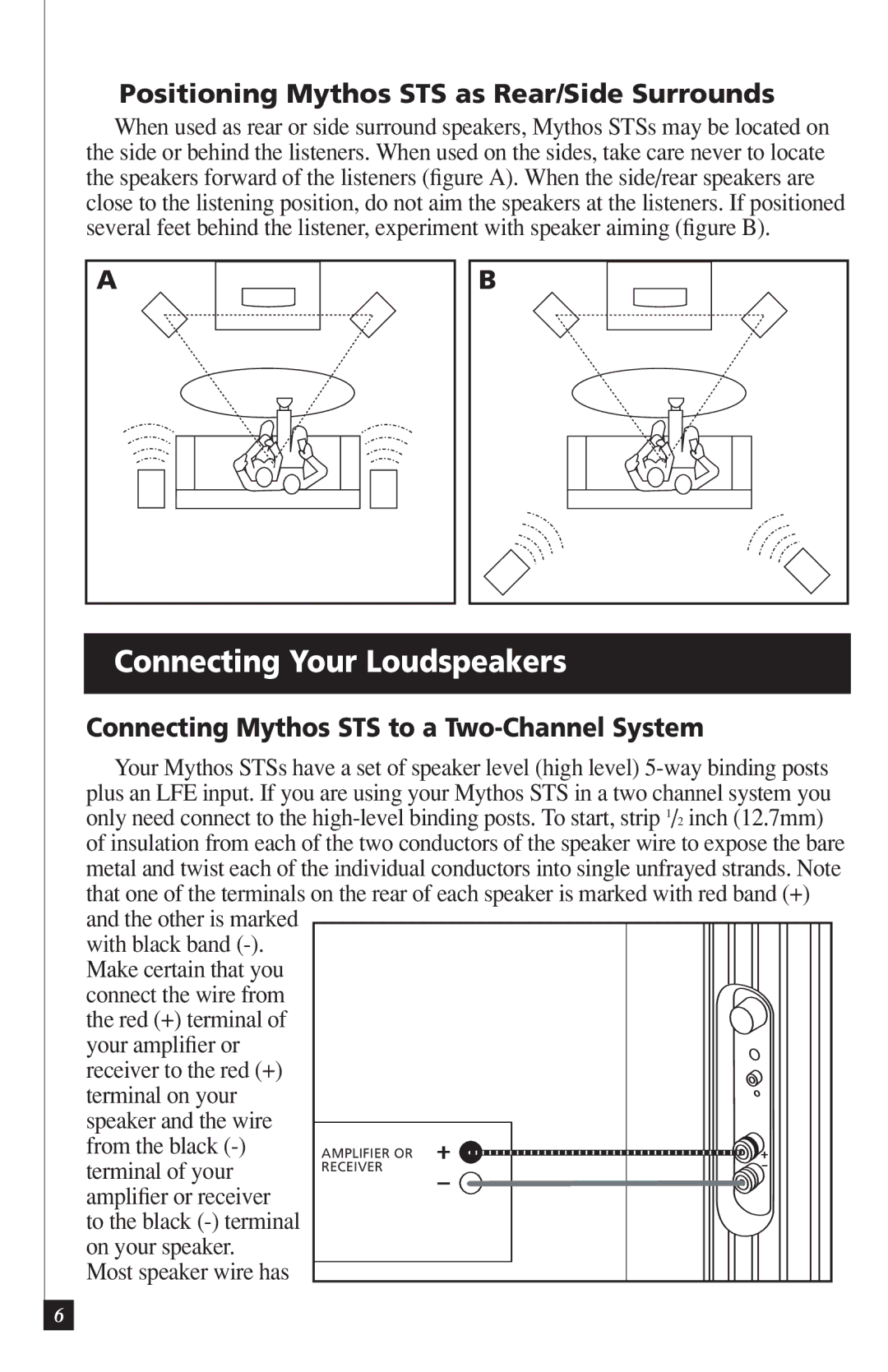 Definitive Technology VEIB owner manual Connecting Your Loudspeakers, Positioning Mythos STS as Rear/Side Surrounds 