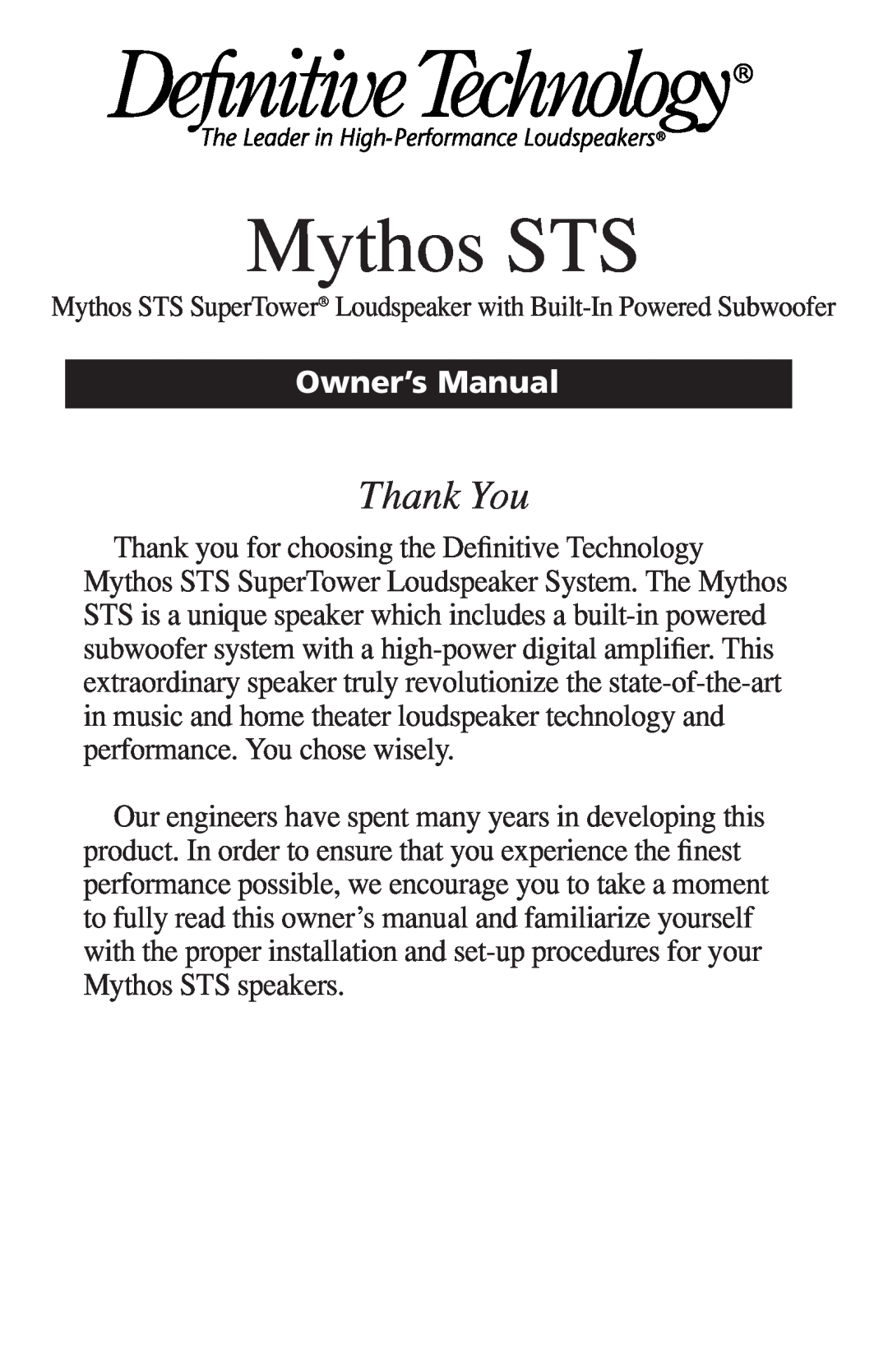 Definitive Technology VEIB owner manual Mythos STS, Thank You 