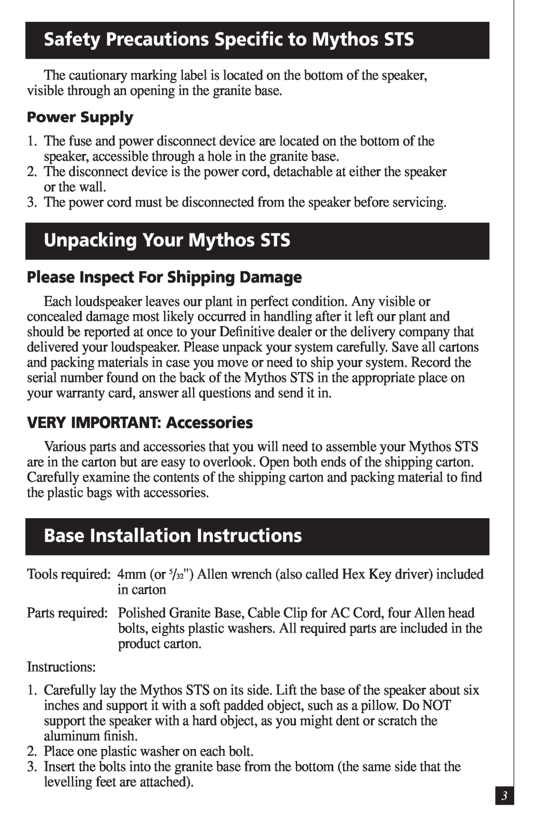 Definitive Technology Safety Precautions Speciﬁc to Mythos STS, Unpacking Your Mythos STS, VERY IMPORTANT Accessories 