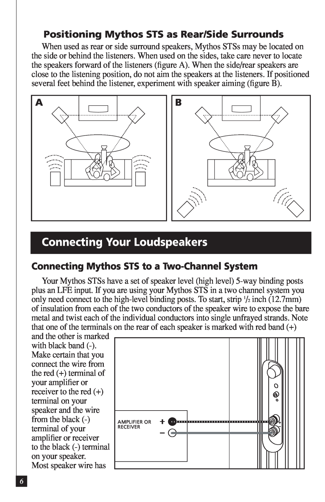 Definitive Technology VEIB owner manual Connecting Your Loudspeakers, Positioning Mythos STS as Rear/Side Surrounds 