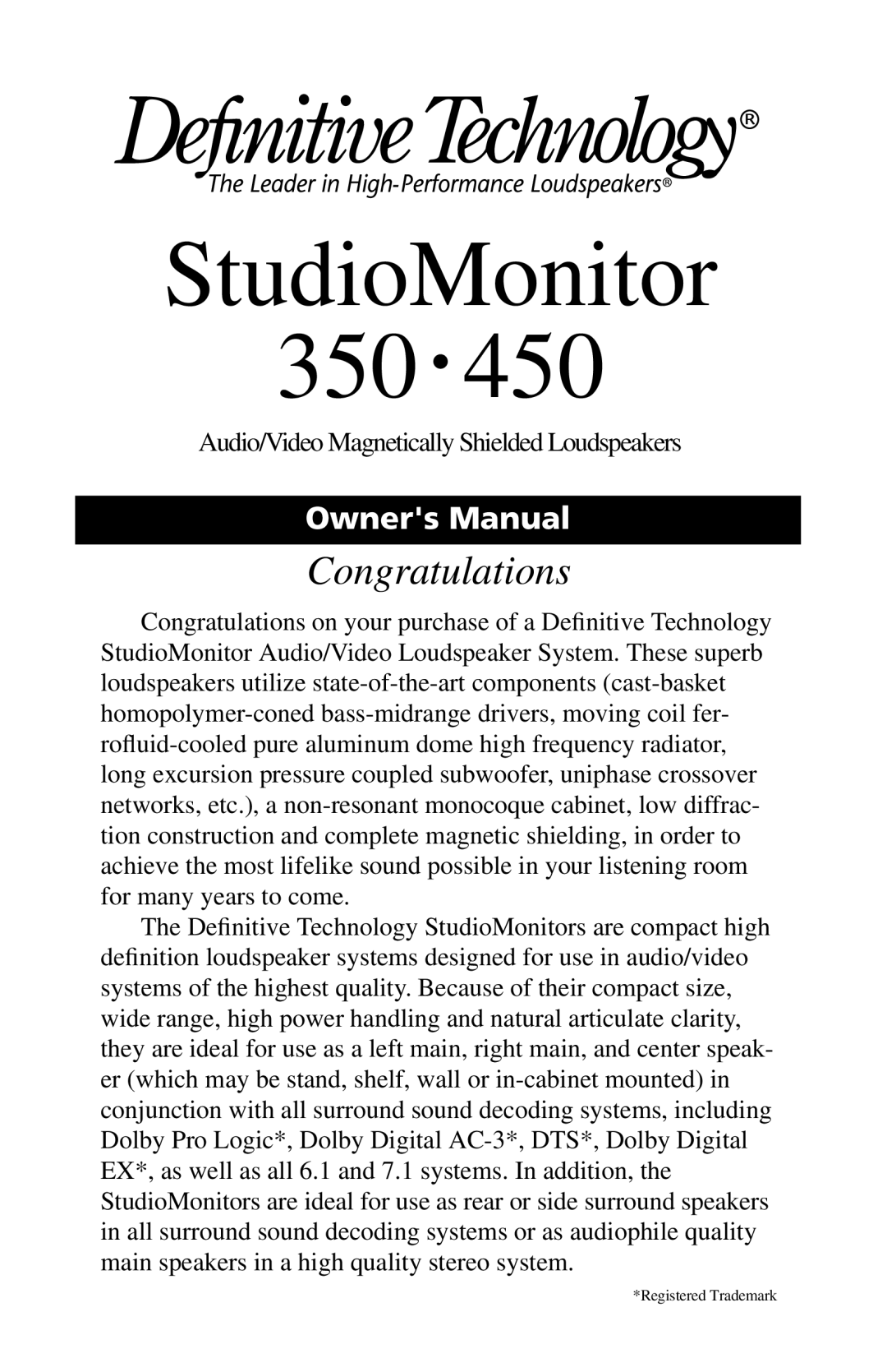 Definitive Technology Studio Monitor, 450 owner manual StudioMonitor 350 