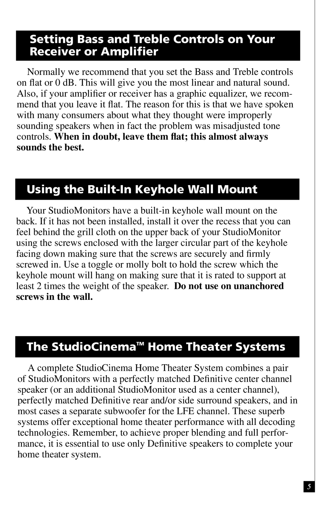 Definitive Technology 450, Studio Monitor, 350 Using the Built-In Keyhole Wall Mount, StudioCinemaTM Home Theater Systems 