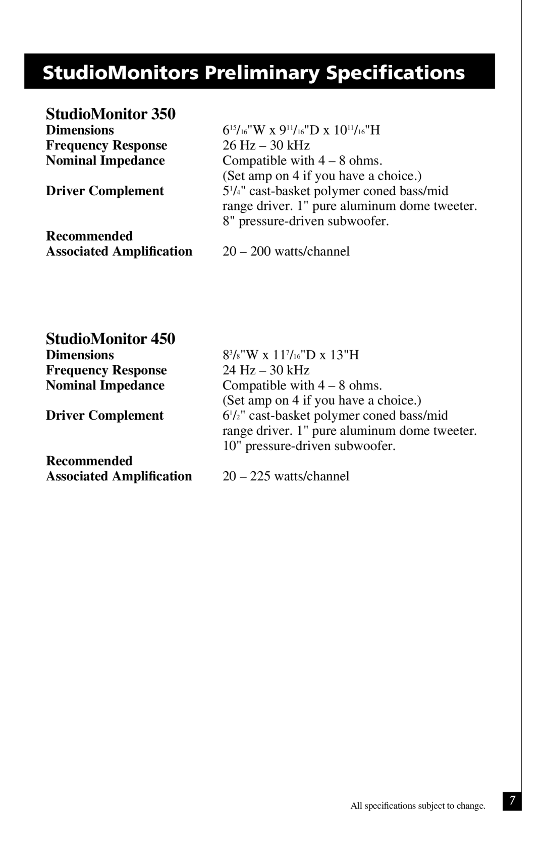 Definitive Technology 350, Studio Monitor, 450 owner manual StudioMonitors Preliminary Speciﬁcations 