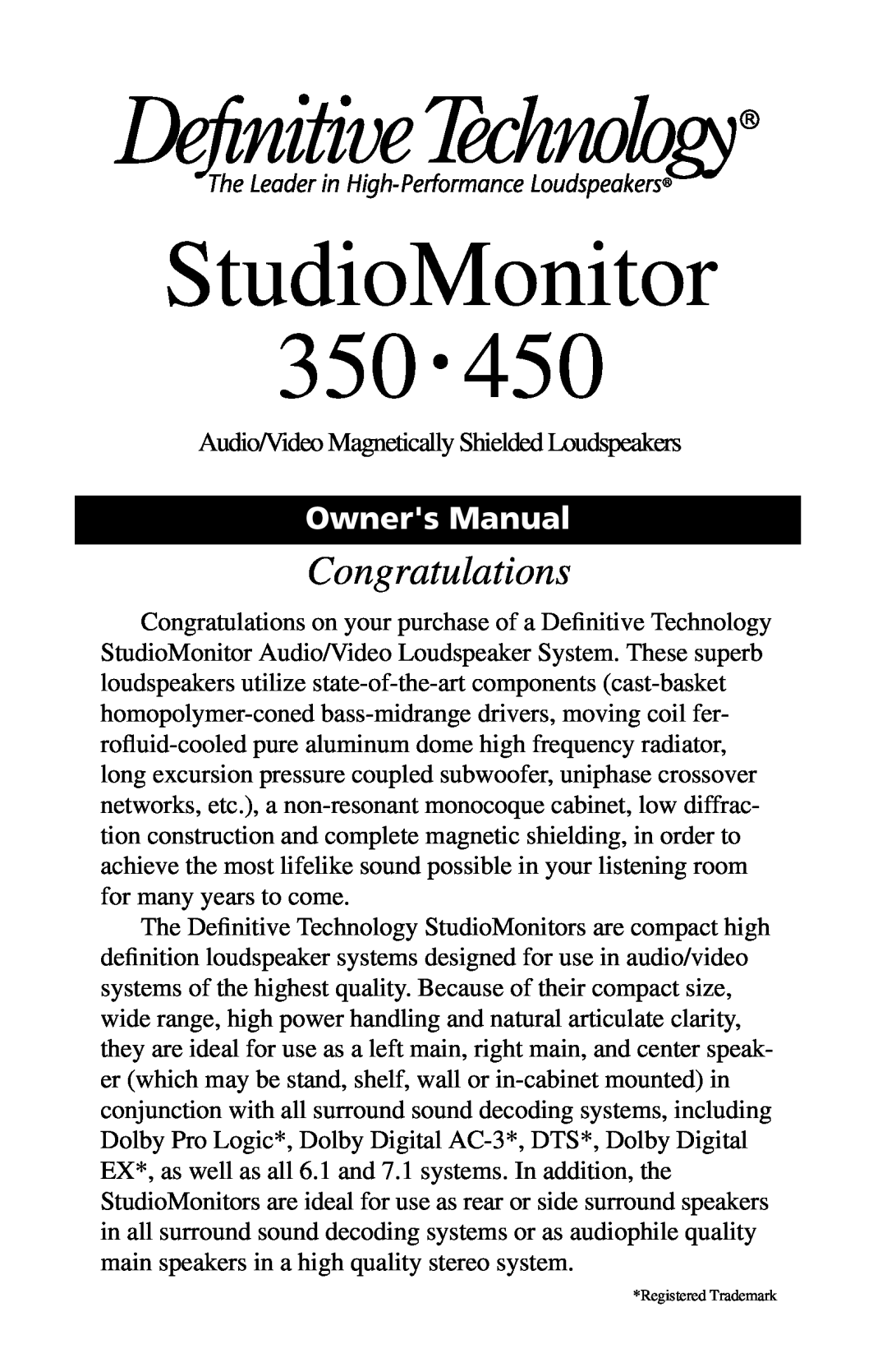 Definitive Technology 350, Studio Monitor, 450 owner manual StudioMonitor, Congratulations 