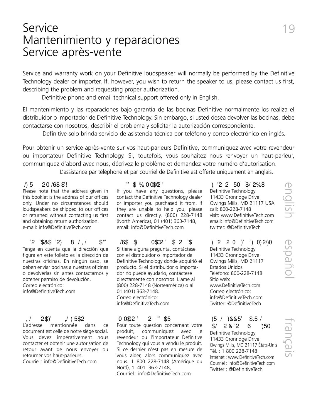 Definitive Technology SC 4000, SuperCube Service Mantenimiento y reparaciones Service après-vente, Product servicing 