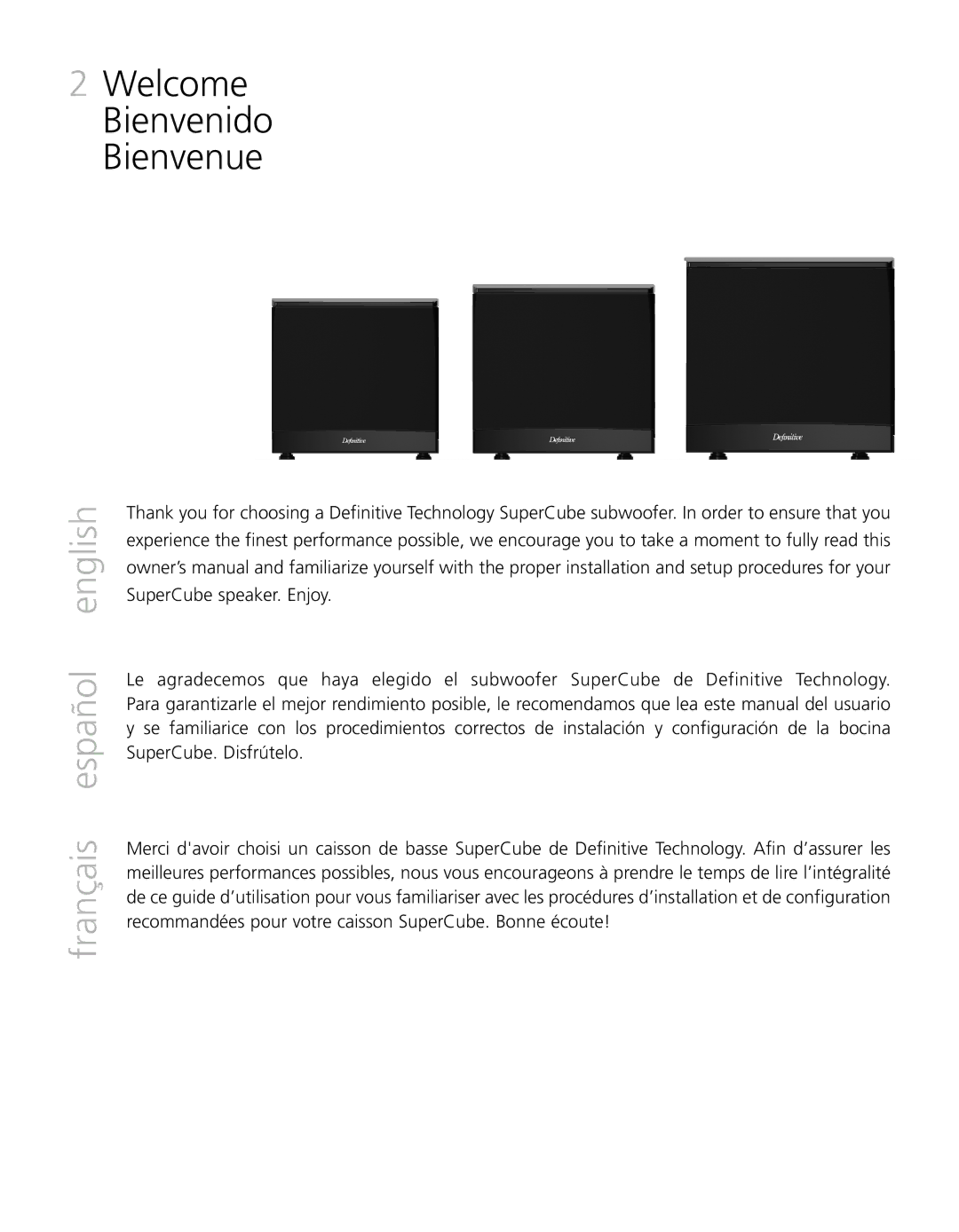 Definitive Technology SC 6000, SuperCube, SC 8000, SC 4000 owner manual Welcome Bienvenido Bienvenue, Français español english 