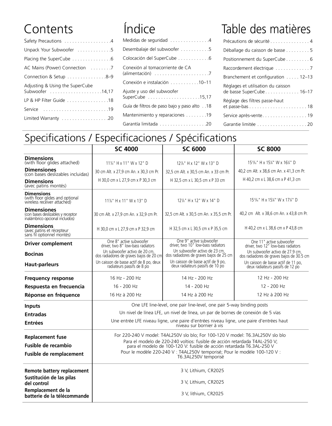 Definitive Technology SC 4000, SuperCube, SC 8000, SC 6000 owner manual Contents, Índice, Table des matières 