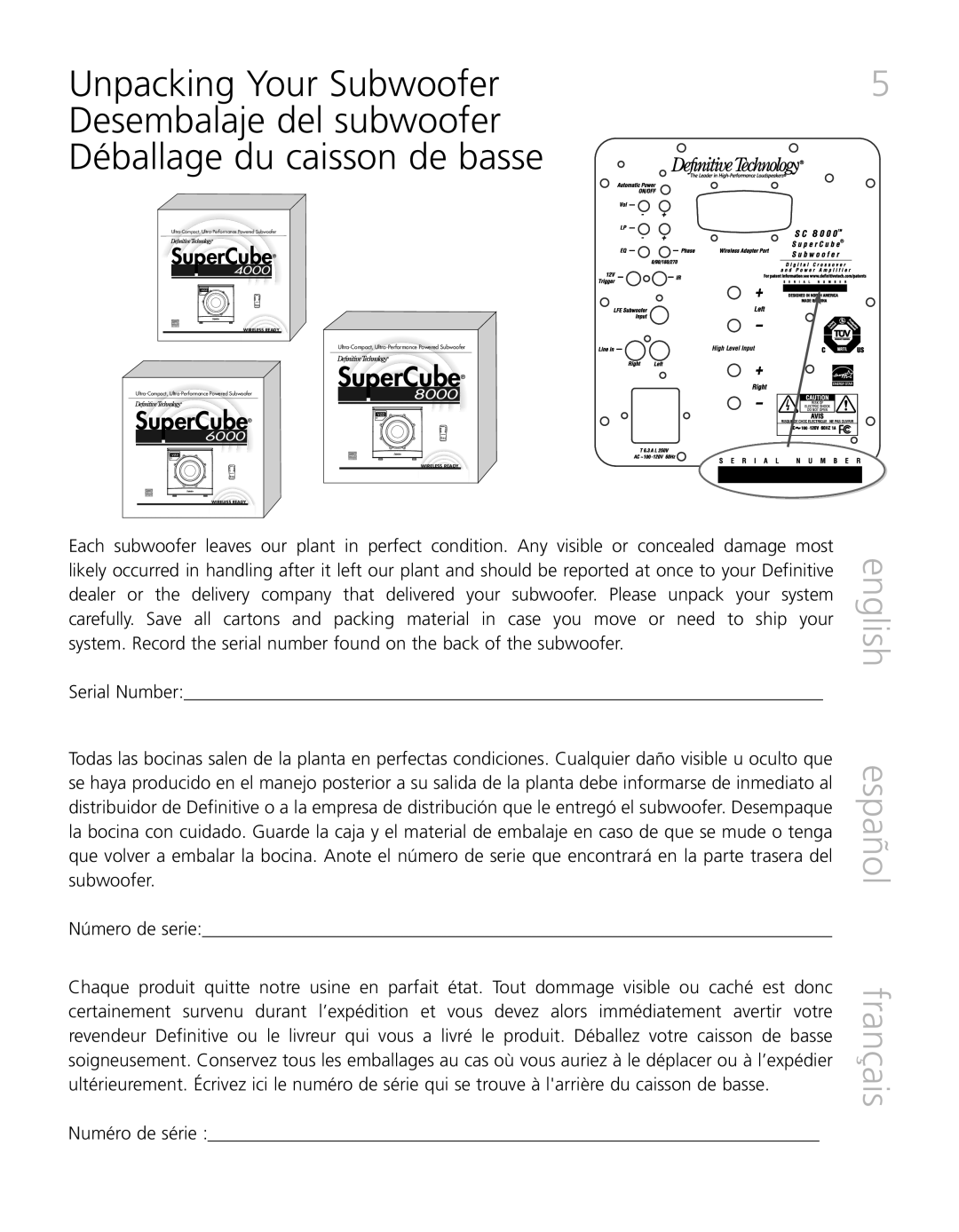 Definitive Technology SC 8000, SuperCube, SC 6000, SC 4000 owner manual English español français, Su erCube 