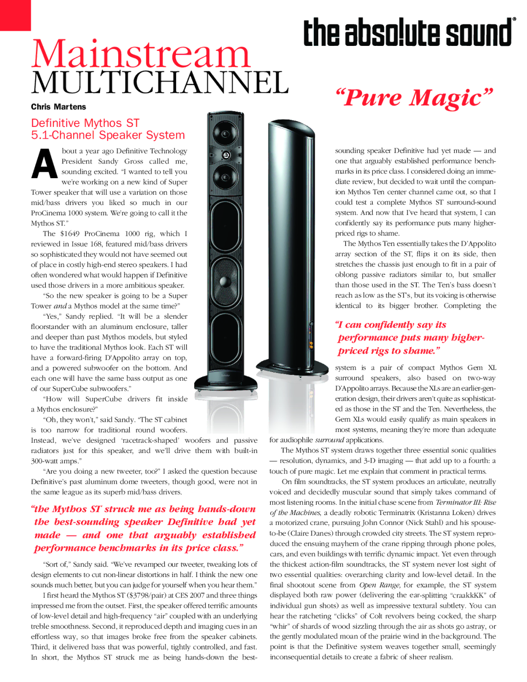 Definitive Technology TAS108 manual Mainstream, Multichannel, Pure Magic, Definitive Mythos ST Channel Speaker System 