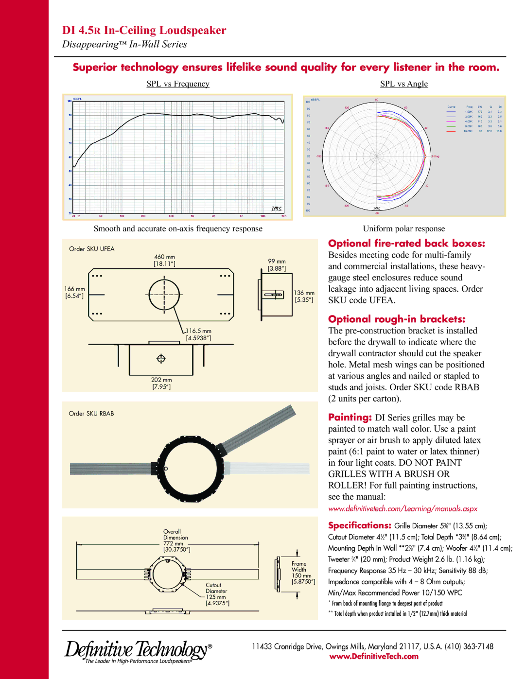 Definitive Technology UFEA, DI 4.5R In-Ceiling Loudspeaker manual Optional fire-rated back boxes 