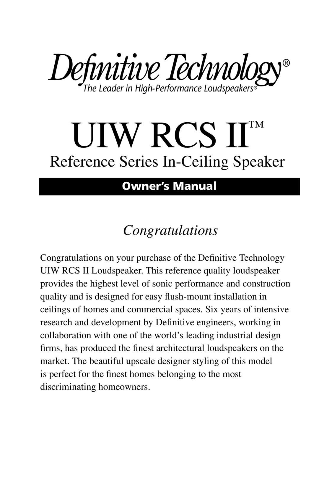 Definitive Technology UIW RCS II owner manual Uiw Rcs 