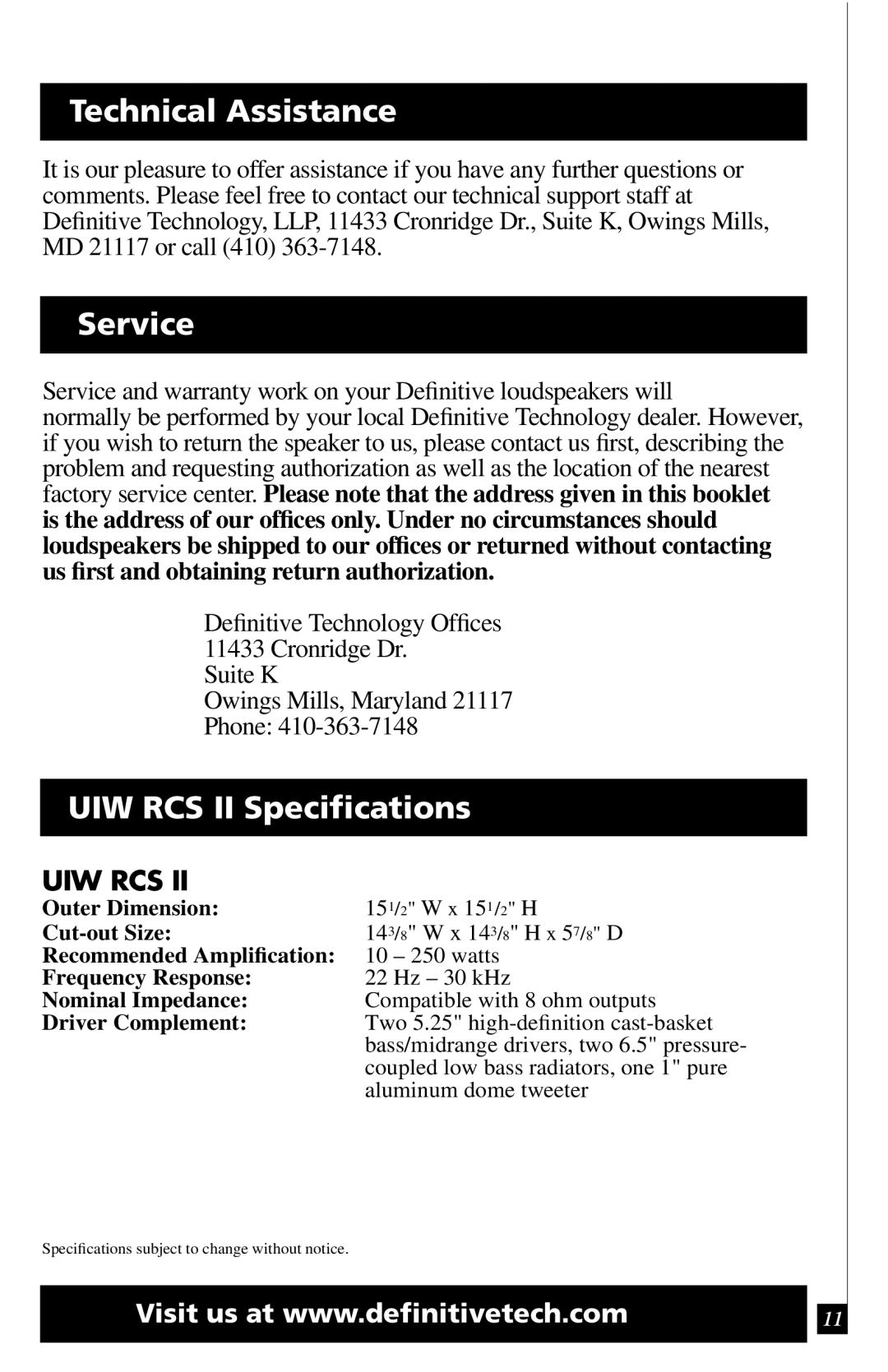 Definitive Technology owner manual Technical Assistance, Service, UIW RCS II Speciﬁcations 