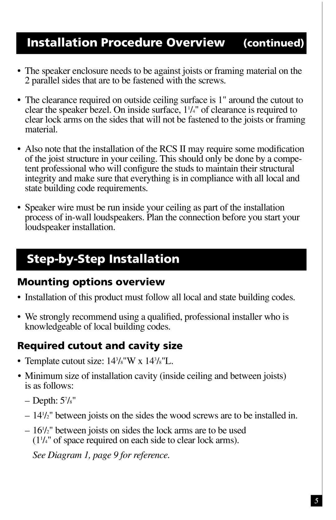 Definitive Technology UIW RCS II Step-by-Step Installation, Mounting options overview, Required cutout and cavity size 