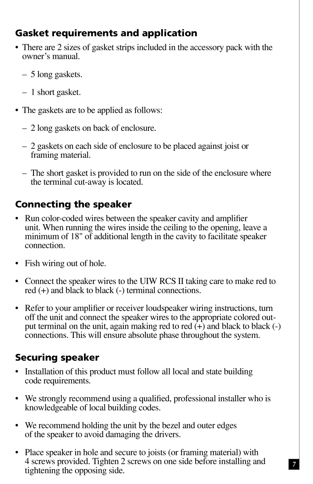 Definitive Technology UIW RCS II owner manual Gasket requirements and application, Connecting the speaker, Securing speaker 