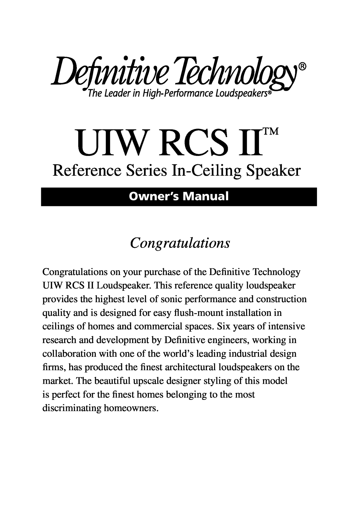 Definitive Technology UIW RCS II owner manual Uiw Rcs, Reference Series In-CeilingSpeaker, Congratulations 