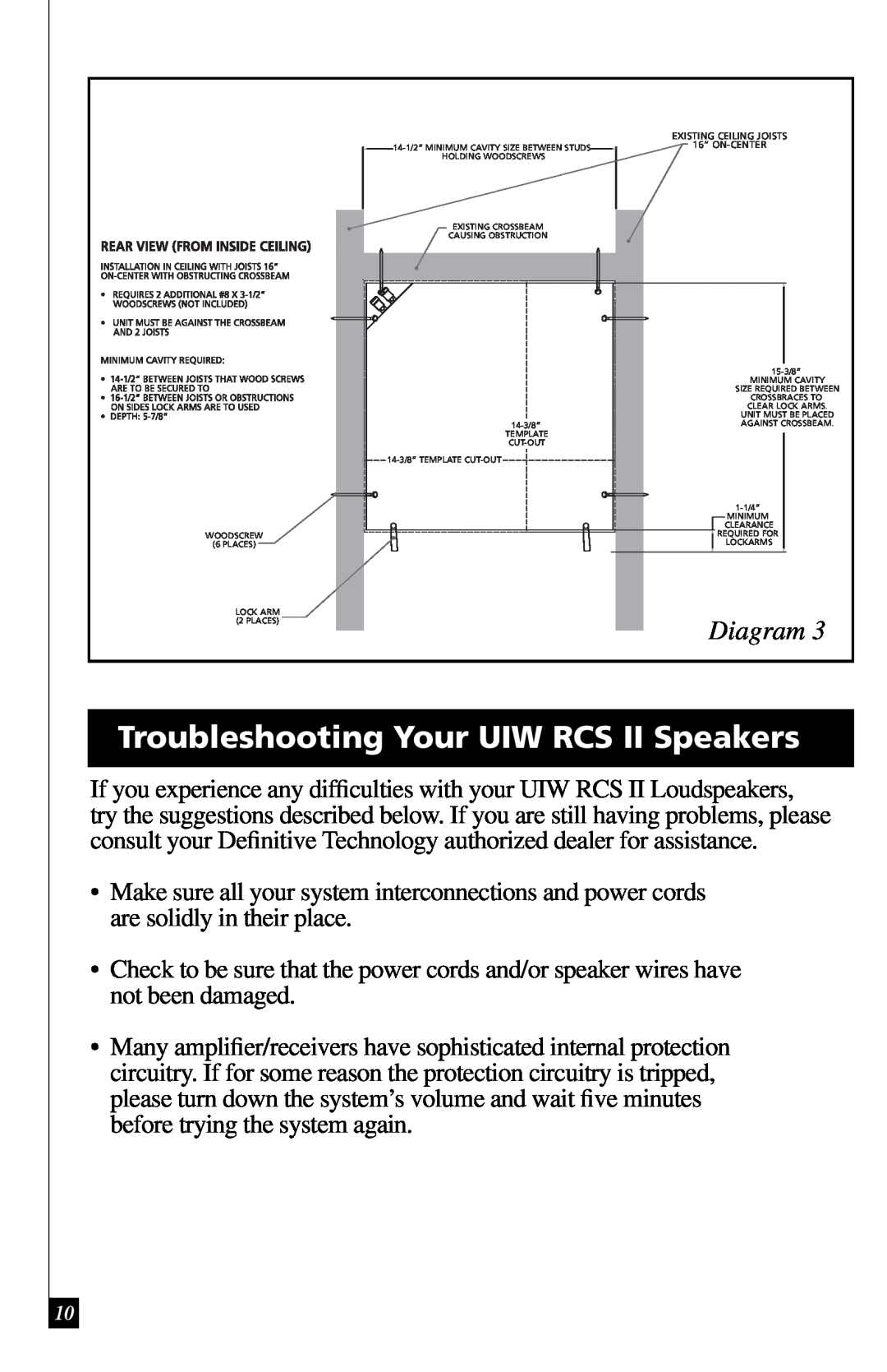 Definitive Technology owner manual Troubleshooting Your UIW RCS II Speakers, Diagram 