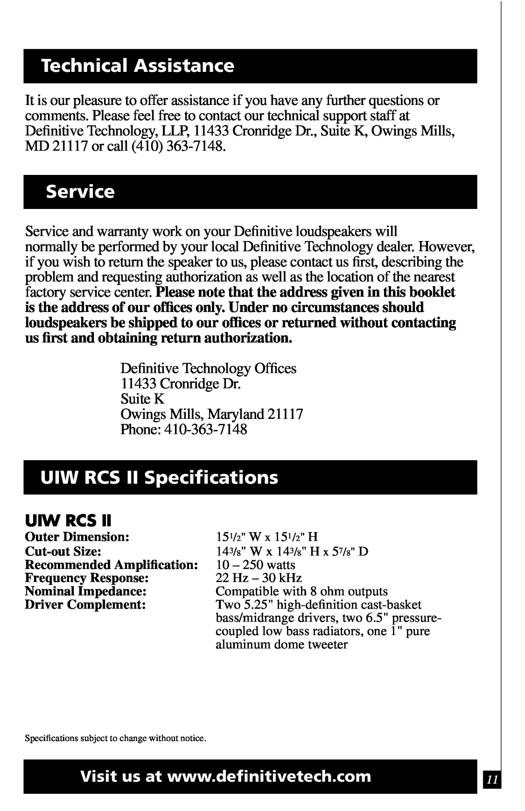 Definitive Technology owner manual Technical Assistance, Service, UIW RCS II Speciﬁcations, Uiw Rcs 