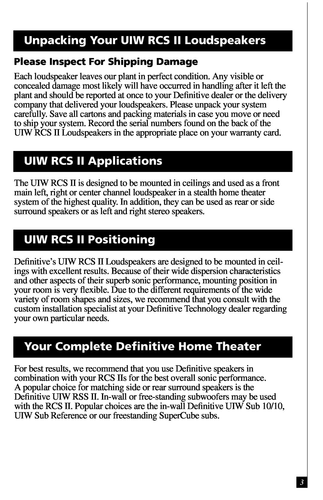 Definitive Technology Unpacking Your UIW RCS II Loudspeakers, UIW RCS II Applications, UIW RCS II Positioning 