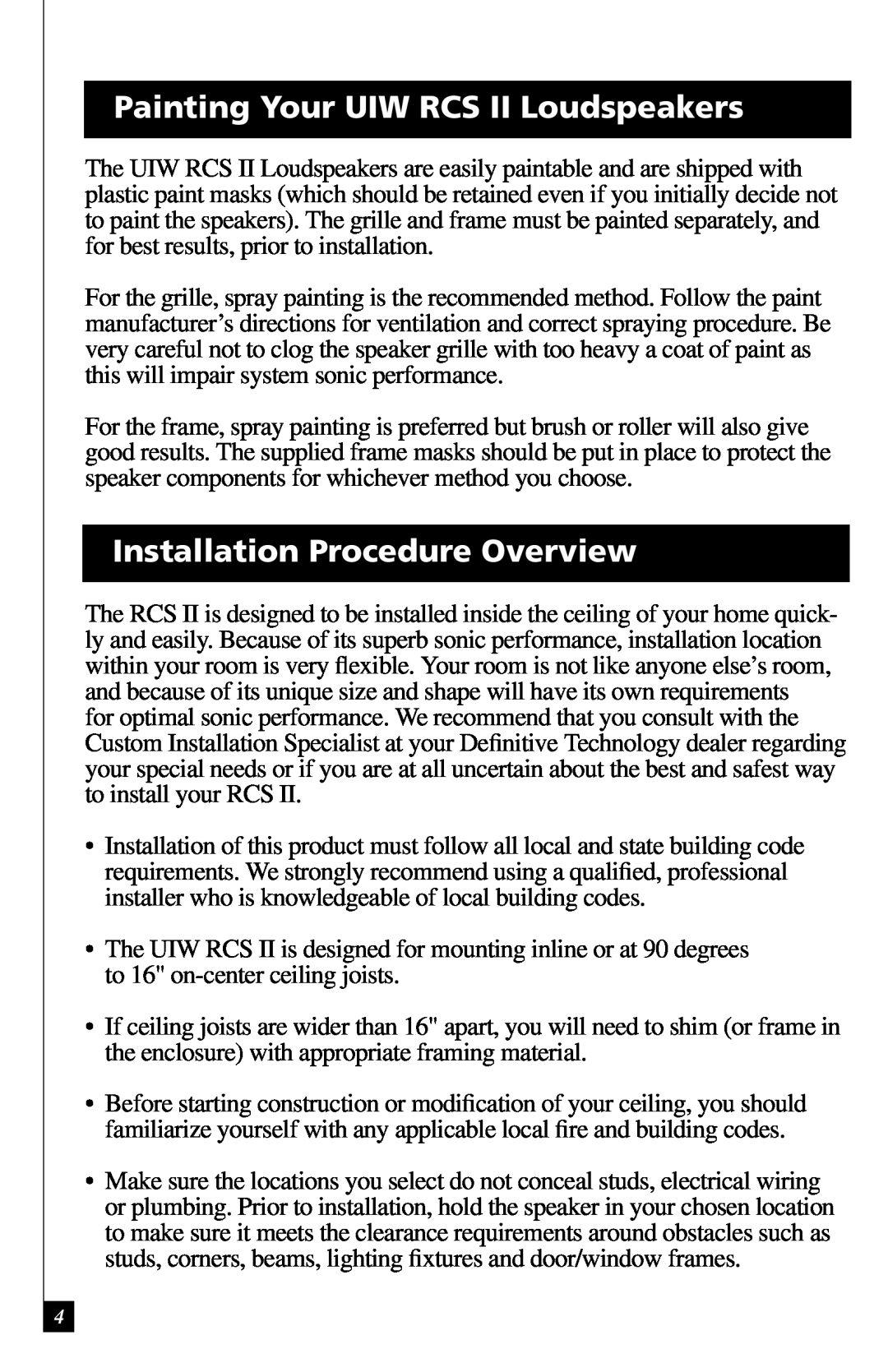 Definitive Technology owner manual Painting Your UIW RCS II Loudspeakers, Installation Procedure Overview 