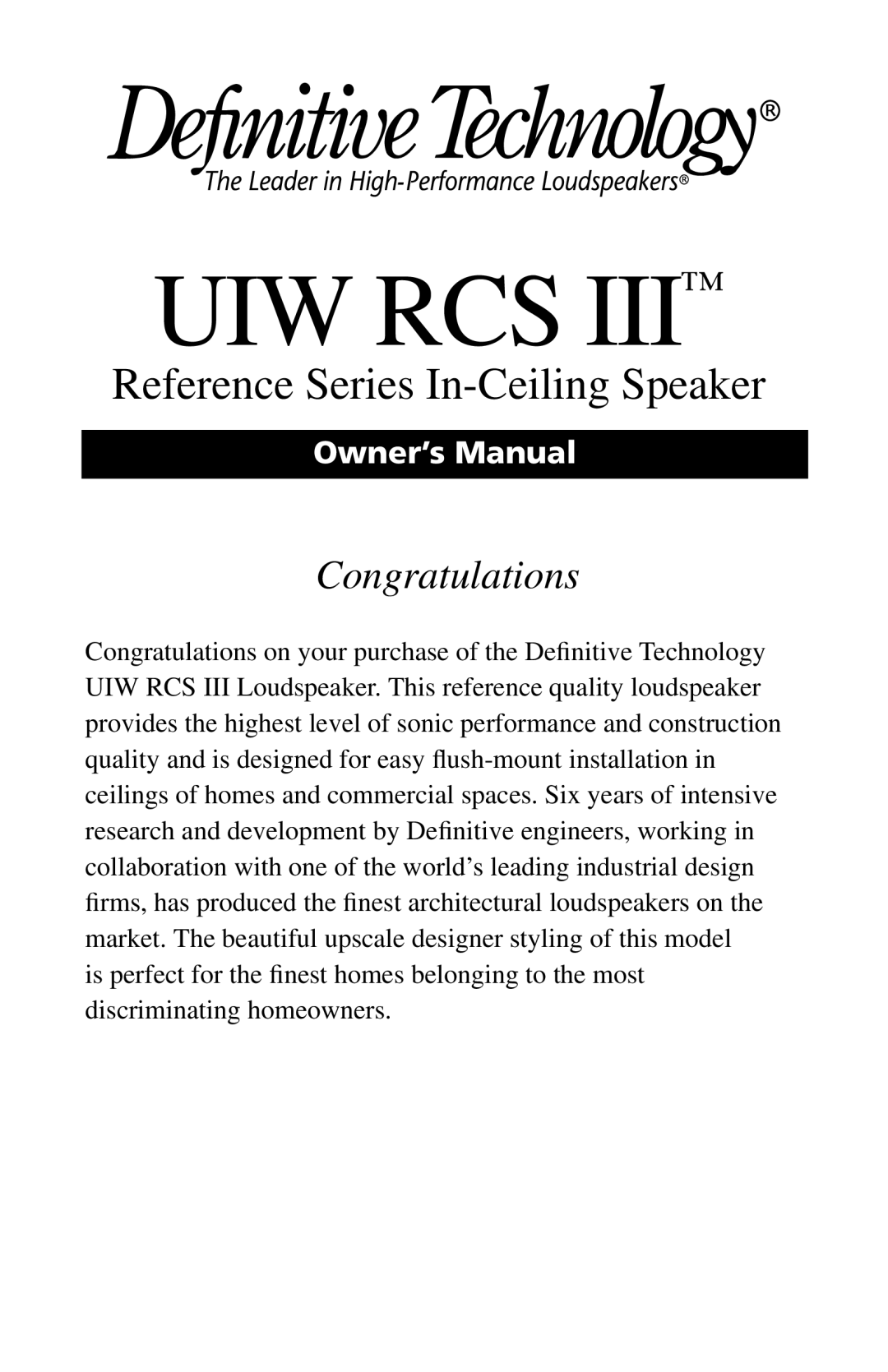 Definitive Technology Reference Series In-Ceiling Speaker, UIW RCS III owner manual Uiw Rcs 