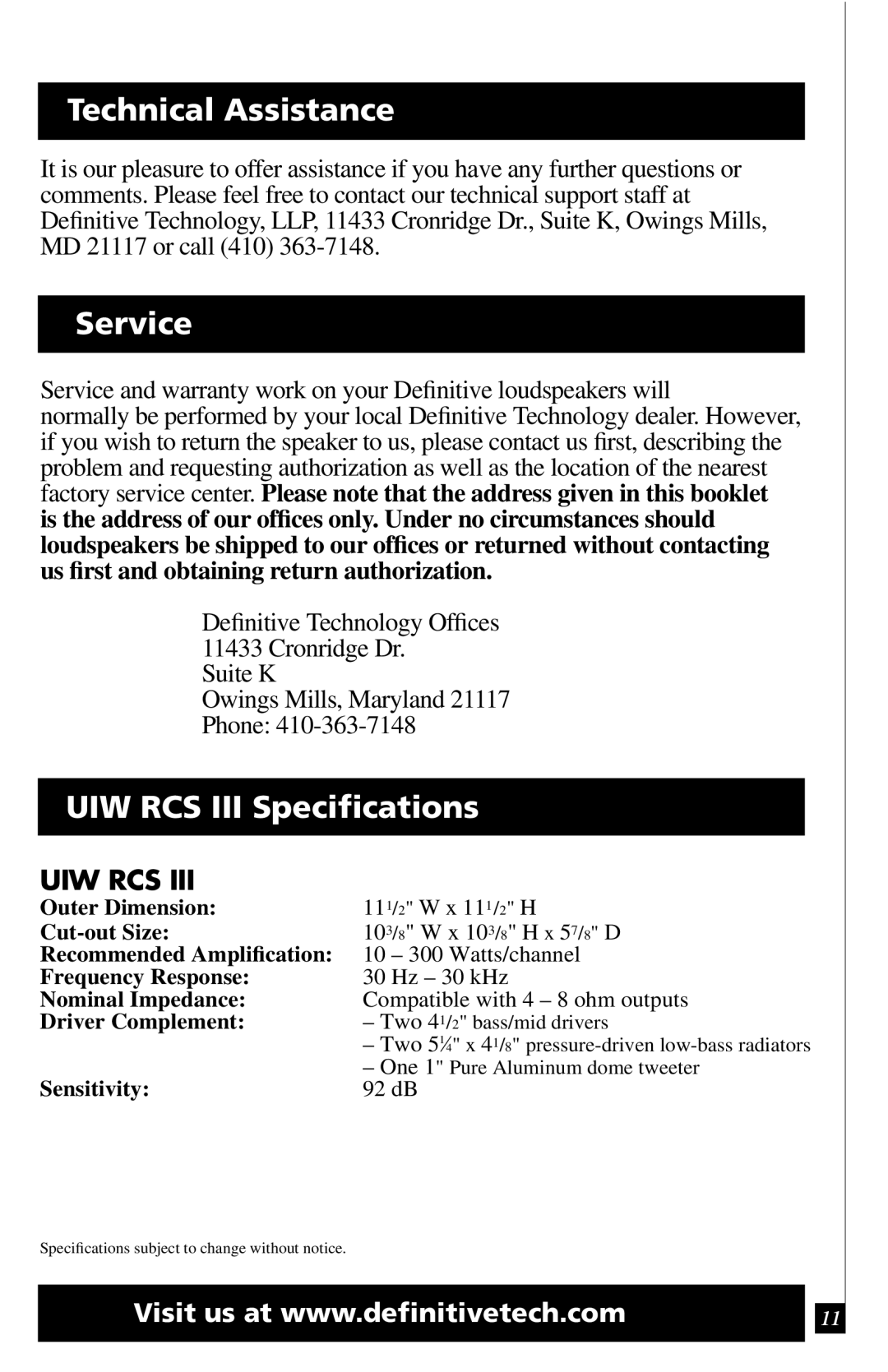 Definitive Technology Reference Series In-Ceiling Speaker Technical Assistance, Service, UIW RCS III Speciﬁcations 