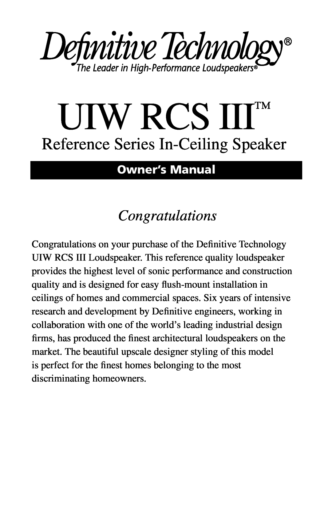 Definitive Technology Reference Series In-Ceiling Speaker owner manual Uiw Rcs, Reference Series In-CeilingSpeaker 
