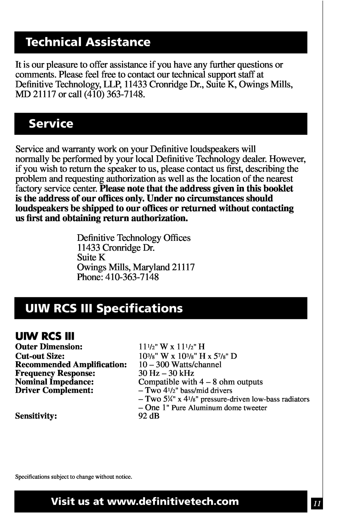 Definitive Technology Reference Series In-Ceiling Speaker Technical Assistance, Service, UIW RCS III Speciﬁcations 