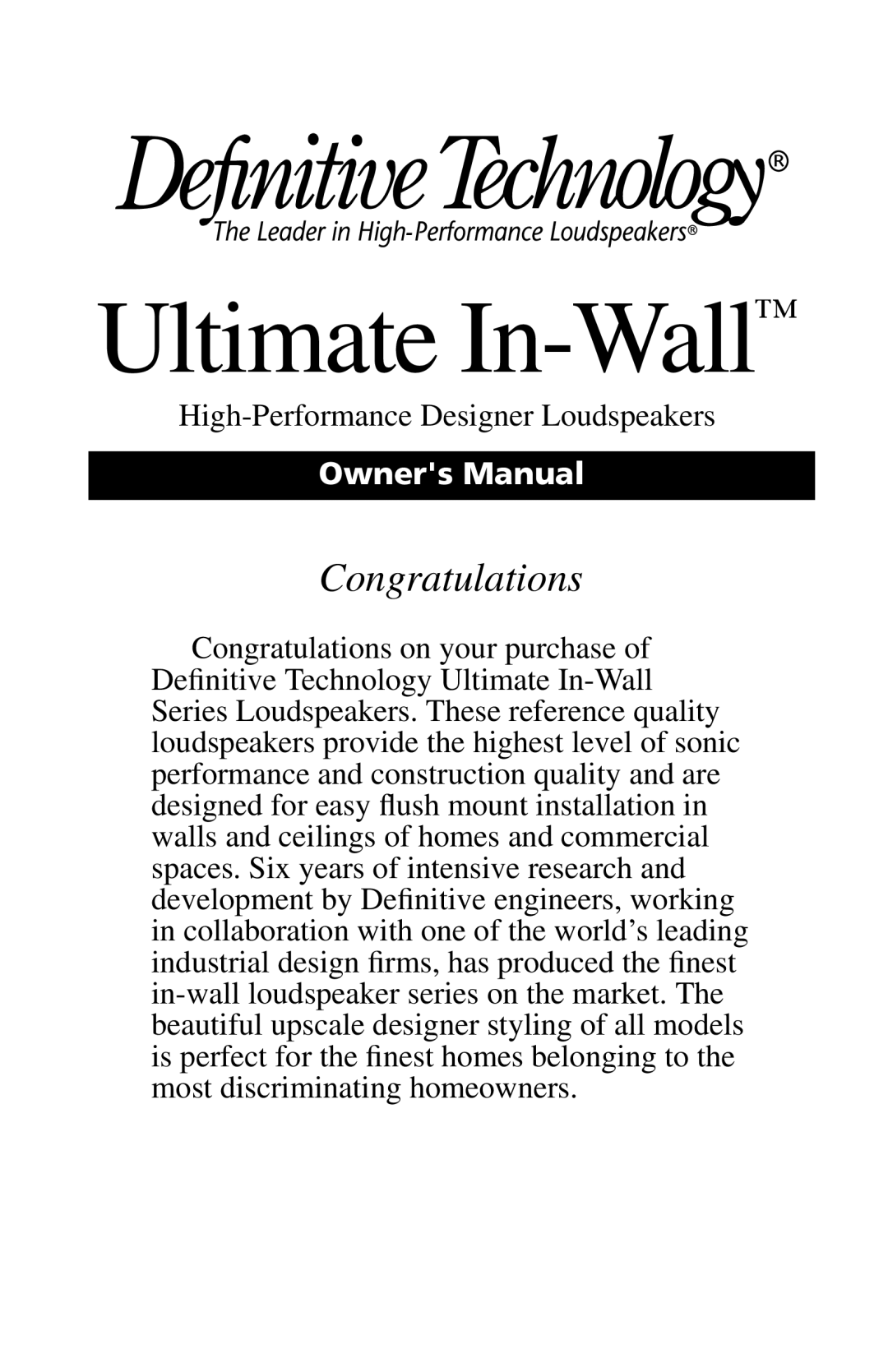 Definitive Technology UIW64A, UIW55, UIW65 owner manual Ultimate In-Wall 