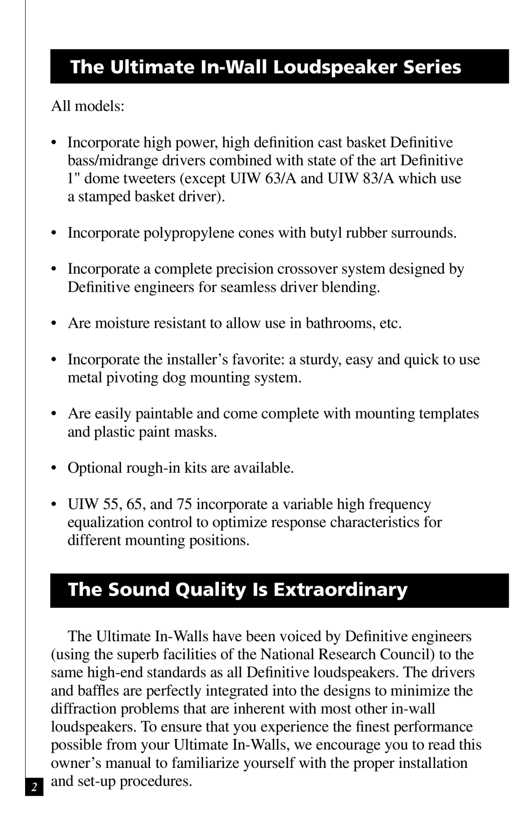 Definitive Technology UIW65, UIW55, UIW64A owner manual Ultimate In-Wall Loudspeaker Series, Sound Quality Is Extraordinary 