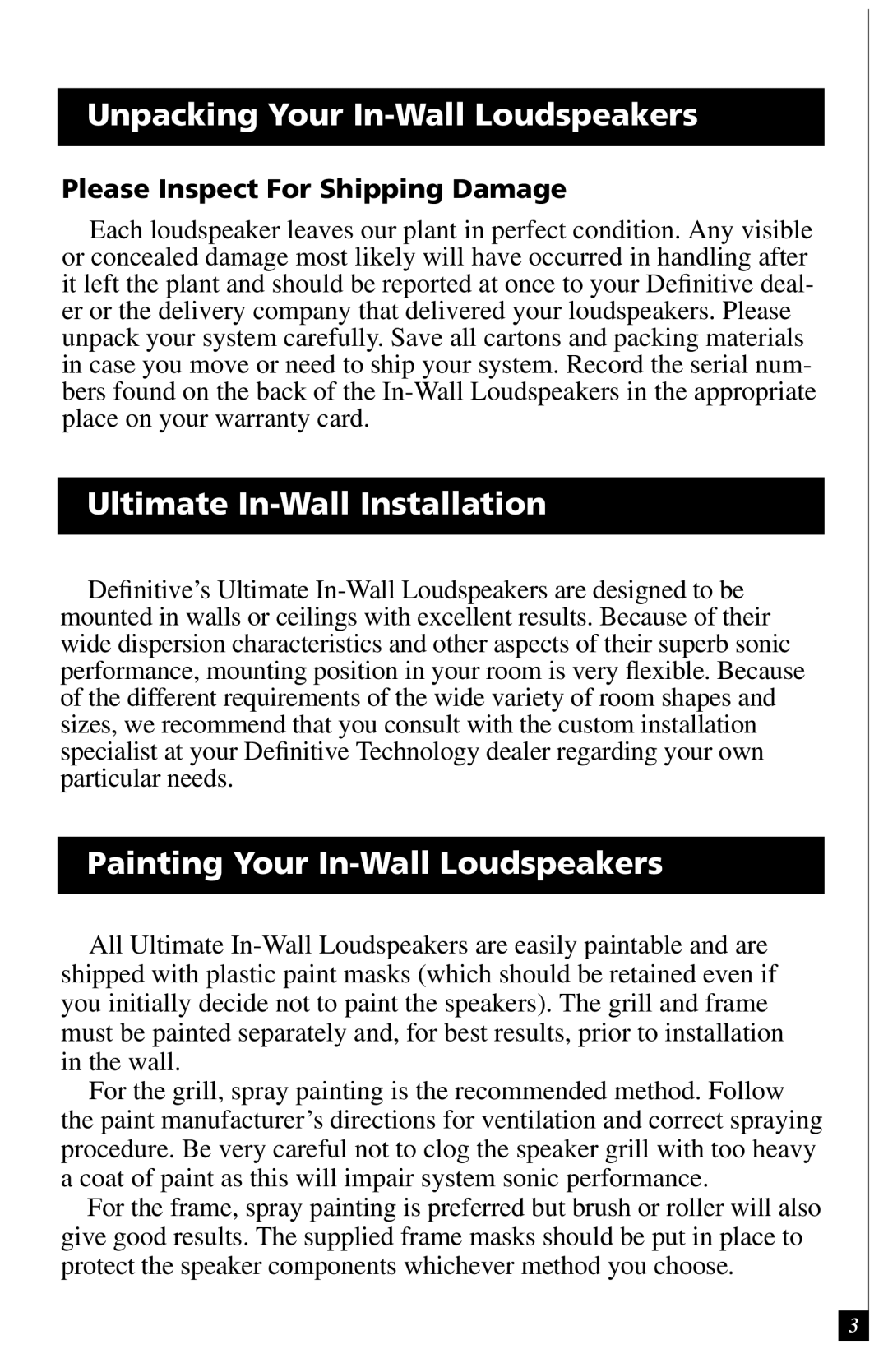 Definitive Technology UIW55, UIW64A, UIW65 owner manual Unpacking Your In-Wall Loudspeakers, Ultimate In-Wall Installation 