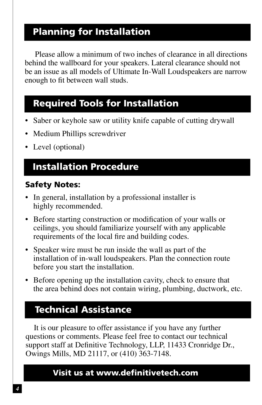 Definitive Technology UIW64A, UIW55 Planning for Installation, Required Tools for Installation, Installation Procedure 