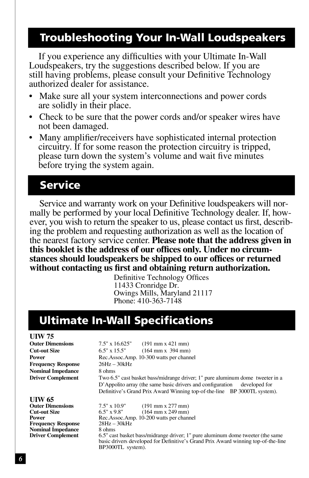 Definitive Technology UIW55, UIW65 Troubleshooting Your In-Wall Loudspeakers, Service, Ultimate In-Wall Speciﬁcations, Uiw 