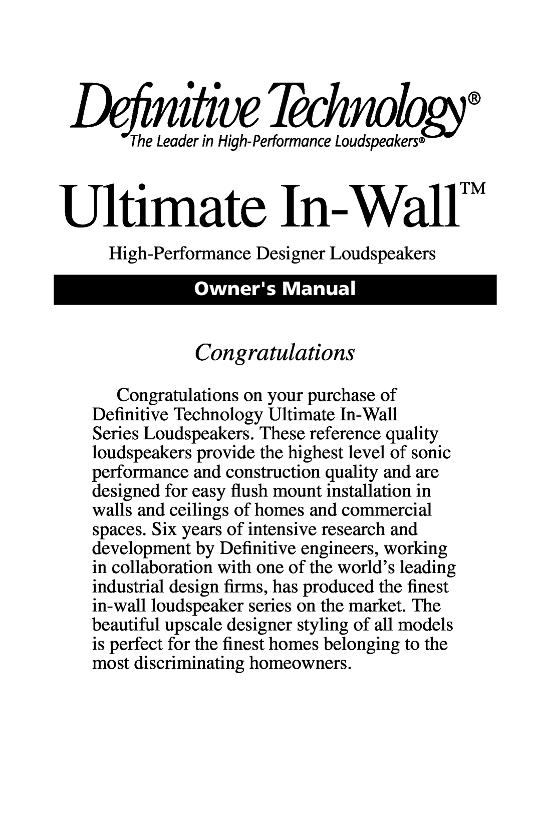 Definitive Technology UIW64A, UIW55, UIW65 owner manual Ultimate In-Wall, Congratulations 