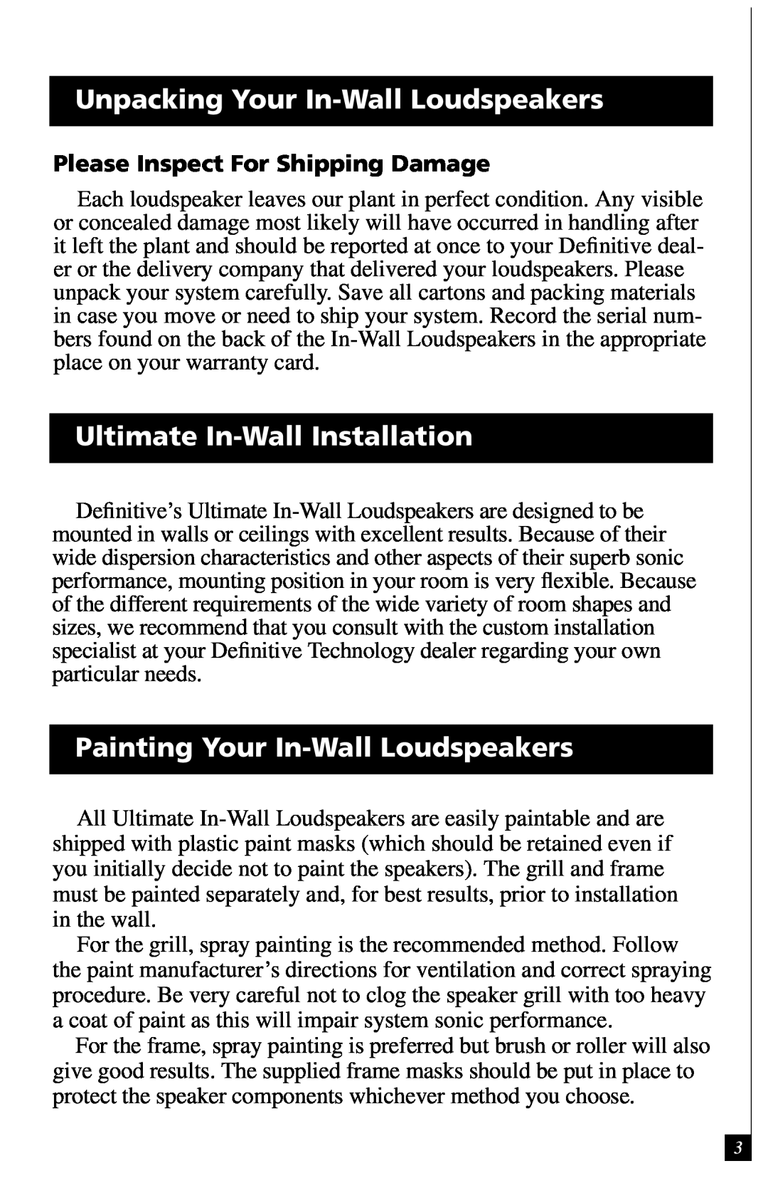 Definitive Technology UIW55, UIW64A, UIW65 owner manual Unpacking Your In-WallLoudspeakers, Ultimate In-WallInstallation 