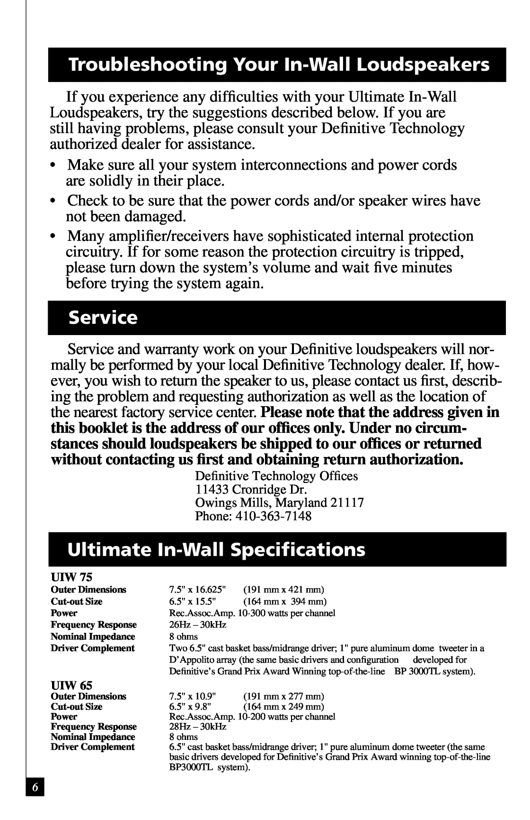 Definitive Technology UIW55, UIW64A, UIW65 Troubleshooting Your In-WallLoudspeakers, Service, Ultimate In-WallSpeciﬁcations 