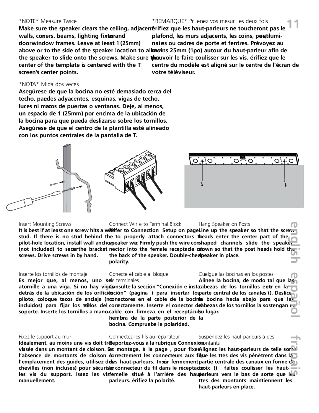 Definitive Technology XTR-SSA3 owner manual English español, Insert Mounting Screws, Inserte los tornillos de montaje 