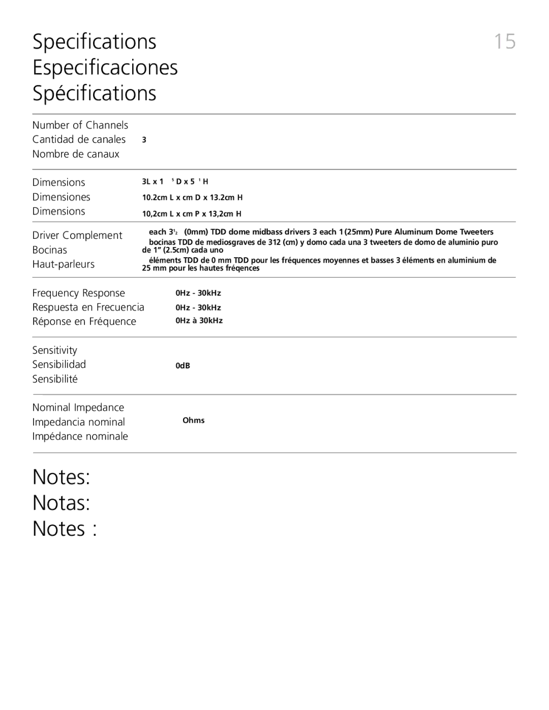 Definitive Technology XTR-SSA3 owner manual Specifications Especificaciones Spécifications, Notas 