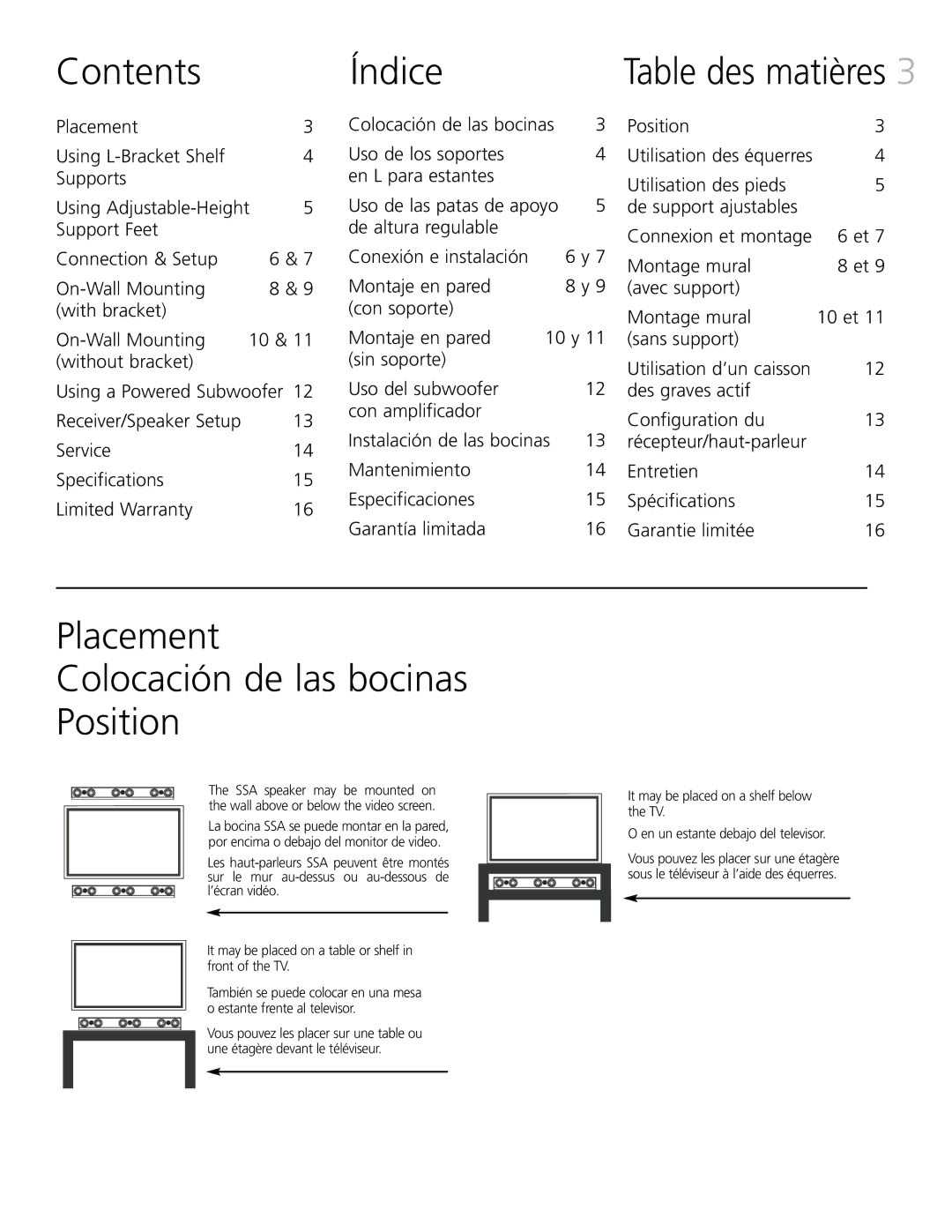 Definitive Technology XTR-SSA3 owner manual Contents Índice, Placement Colocación de las bocinas Position 