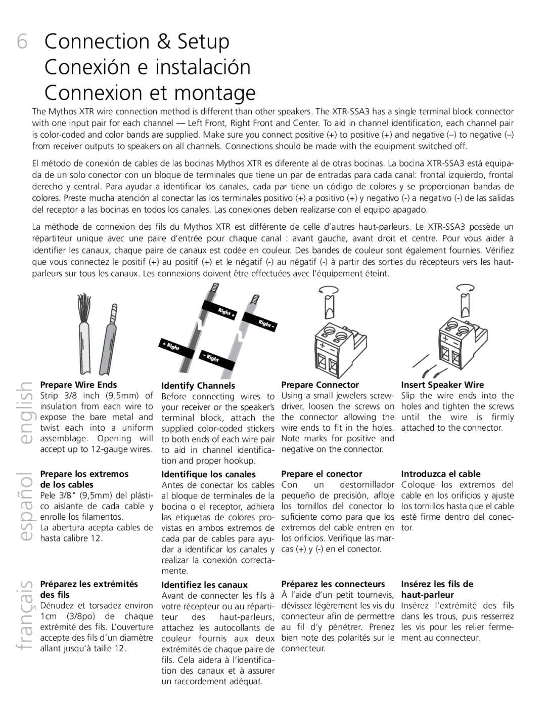 Definitive Technology XTR-SSA3 owner manual Connexion et montage, Français español english 