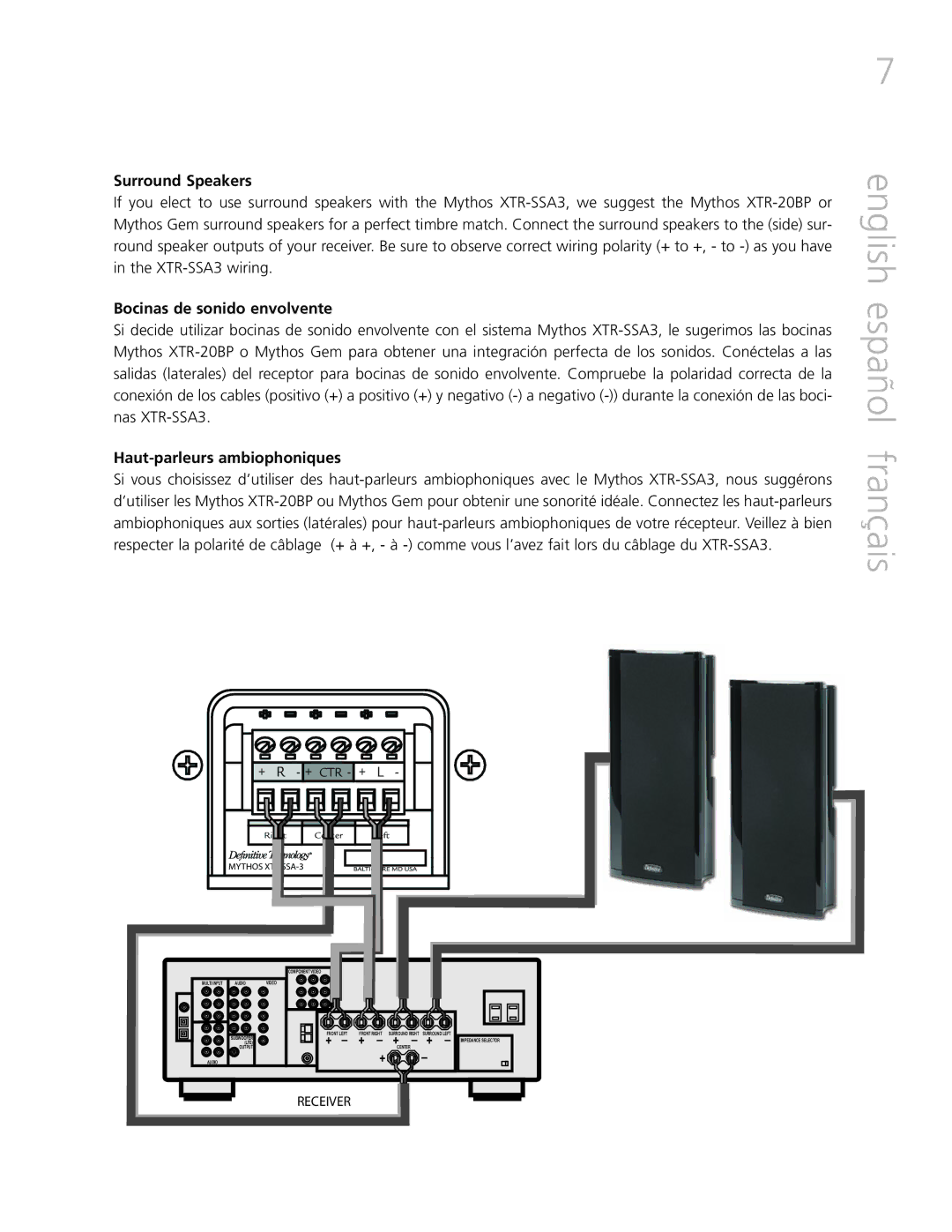 Definitive Technology XTR-SSA3 owner manual English español français, Surround Speakers, Bocinas de sonido envolvente 