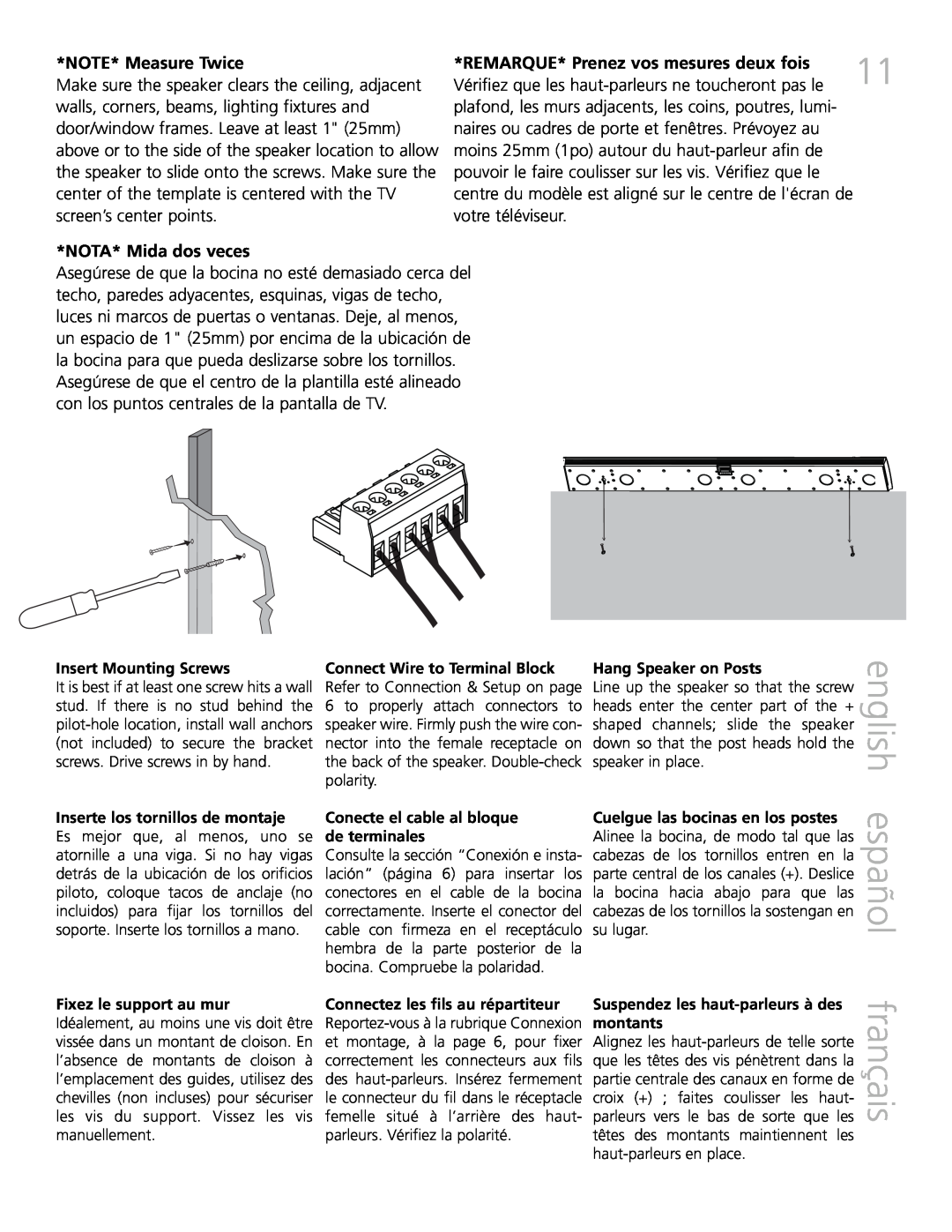 Definitive Technology XTR-SSA3 owner manual english español, français, NOTE* Measure Twice, NOTA* Mida dos veces 