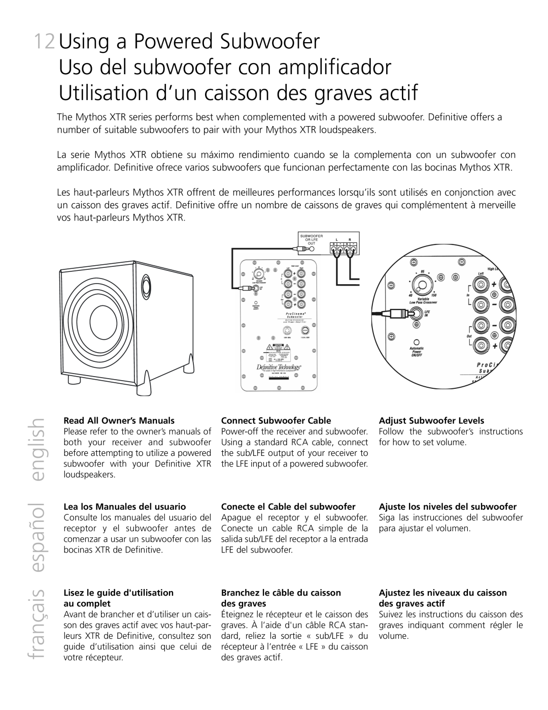 Definitive Technology XTR-SSA3 owner manual Using a Powered Subwoofer, français español, english 