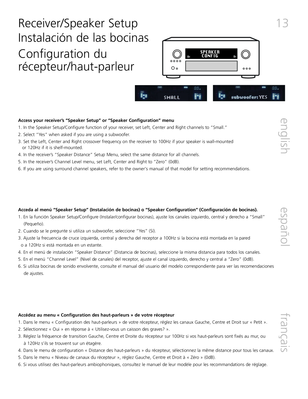 Definitive Technology XTR-SSA3 owner manual Configuration du récepteur/haut-parleur, english español français 