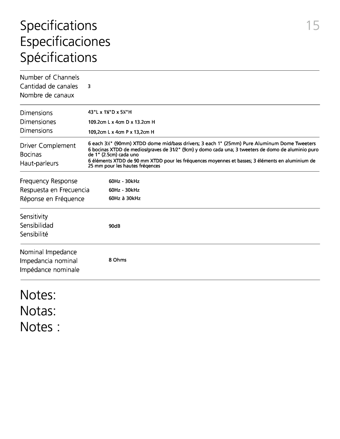 Definitive Technology XTR-SSA3 Specifications, Especificaciones Spécifications, Notes Notas Notes, Nombre de canaux 